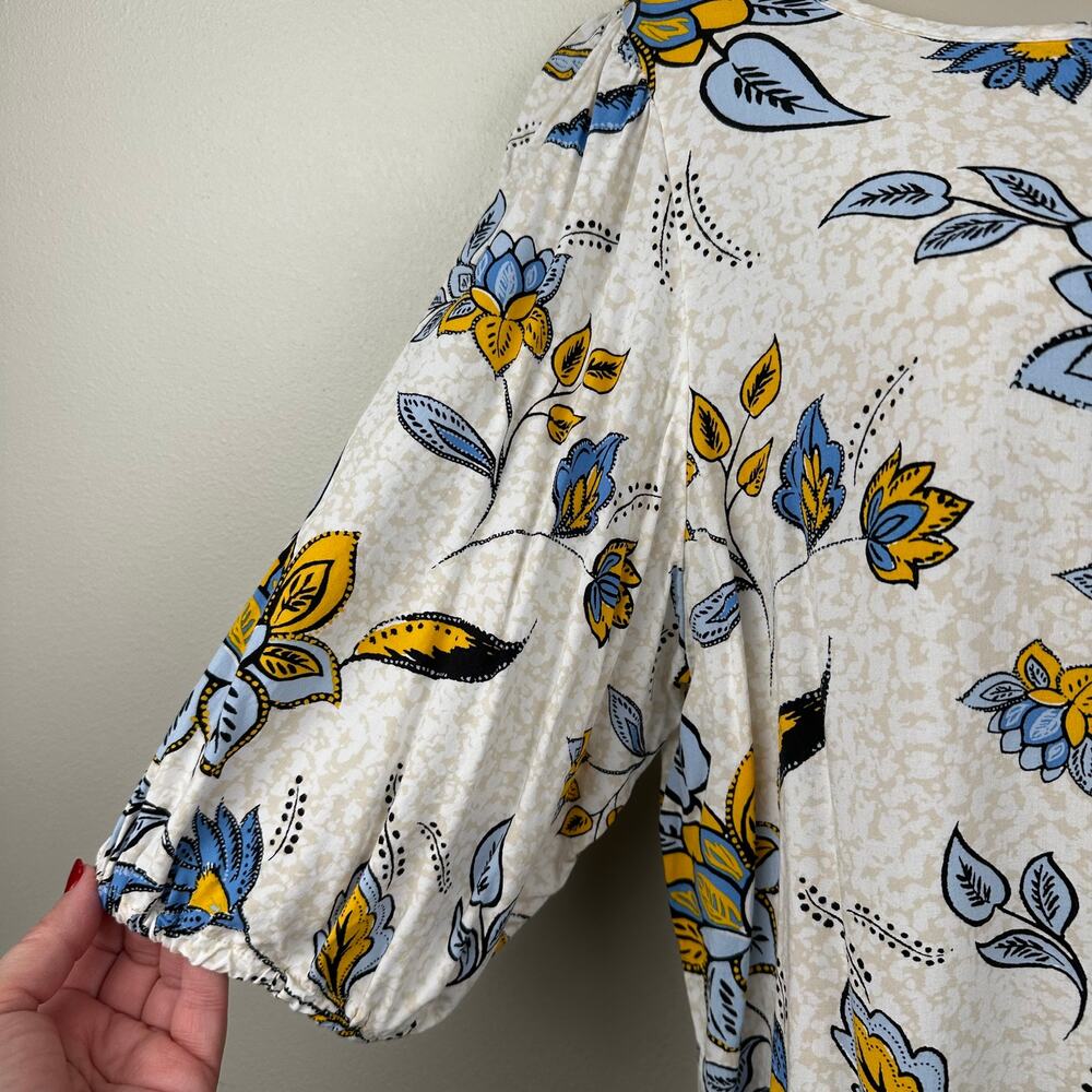 Ann Taylor Floral Blouse Top Short Sleeve Puff Sleeve White M Prairie Boho - Picture 3 of 10
